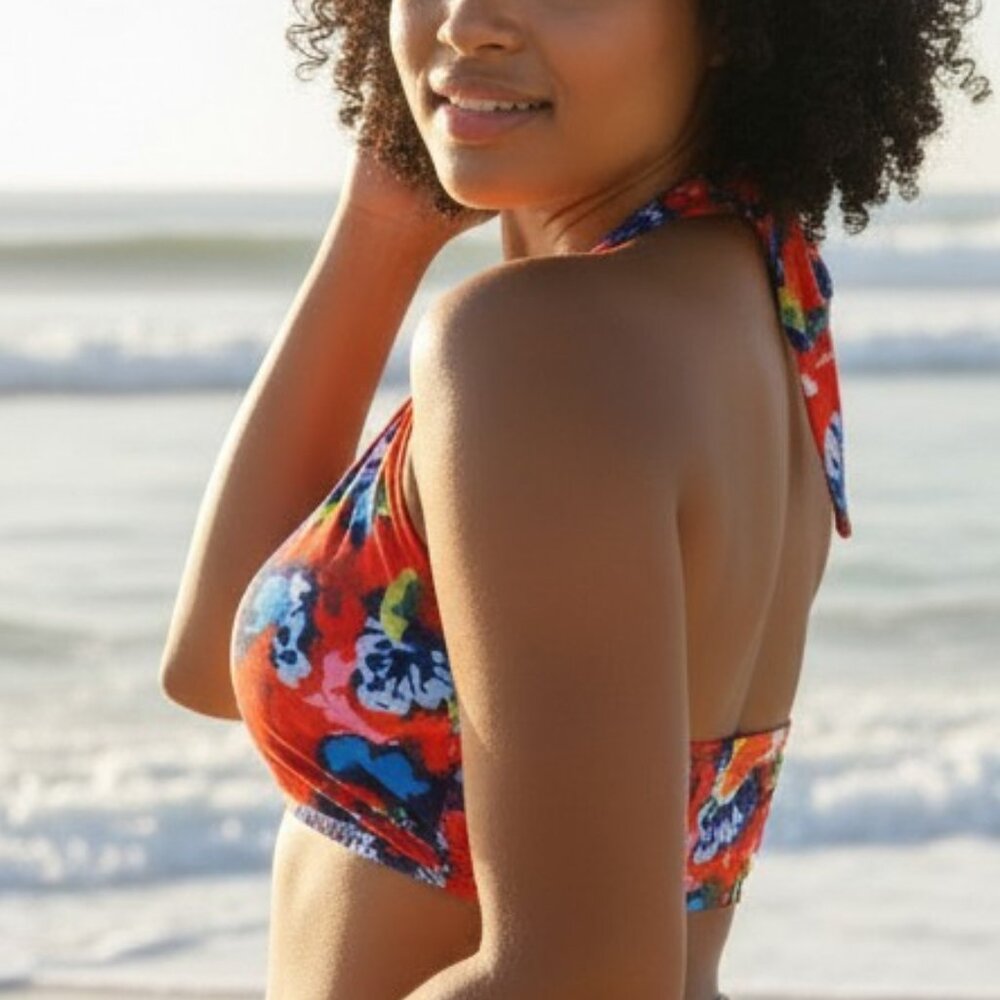 Red Floral Halter Bikini Top